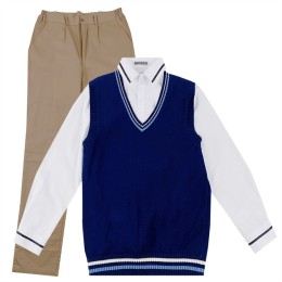 設計寶藍色V領針織馬甲    訂製卡其色長褲校服套裝     英倫風校服套裝     英倫校服制服生產商    SSU-016 設計寶藍色V領針織馬甲    訂製卡其色長褲校服套裝     英倫風校服套裝     英倫校服制服生產商    SSU-016